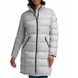 Andrew Marc Ladies' Long Stretch Parka Coat Fur Lined Hood Jacket, Light Grey XL